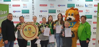  Hofmann, Kroher Magdalena, Diertl Anna-Katharina, Janine Herbst und Mika Weidinger Die Gaujugendmannschaft Sulzbach-Rosenberg mit den Schützen, v. l., Kroher Leo, Lena gewinnt den 6. TIRO Cup. Unser Jugend-Maskottchen TIRO, 1. Vizepräsident Josef Diertl und Landesjugendleiterin Evi Benner-Bittihn gratulieren.